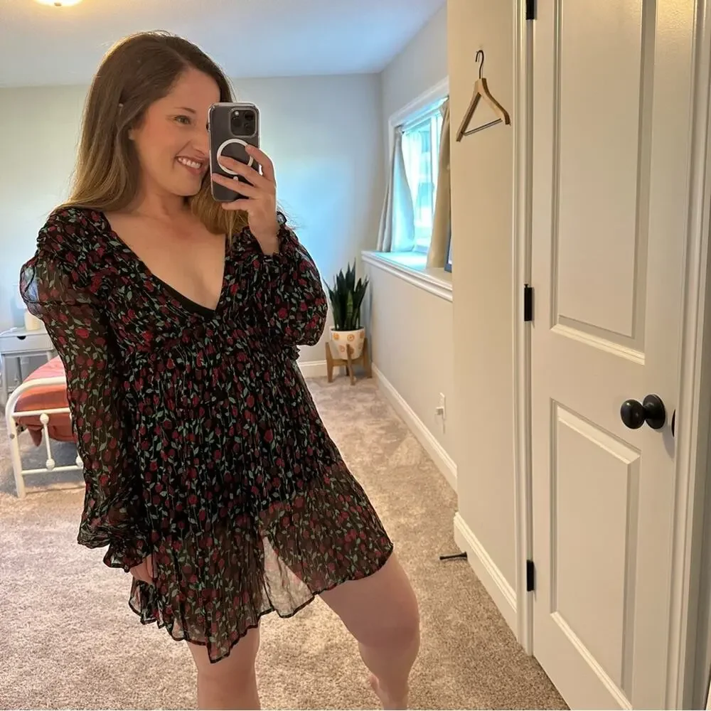 The Kooples Black Red Floral Silk Long Sleeve Mini Dress Small